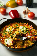 Moroccan Shakshuka. Mediterranean Goodness Shakshuka with Vibrant Colors and Bold Flavors. Breakfast dish with eggs peppers and tomatoes plus spices