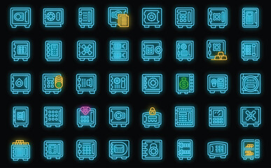 Deposit box icons set outline vector. Safe bank. Closed code neon color on black isolated