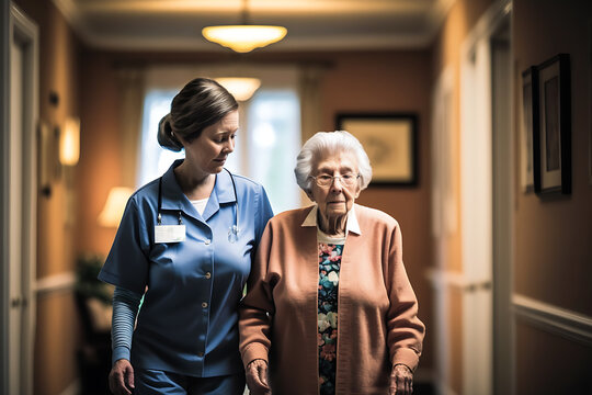 Generative ai illustration of caregivers taking care senior  woman in home care center, walking around for physical exercise