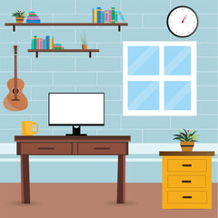 Vector cartoon illustration of empty home office with bookcase, modern interior with table and monitor.