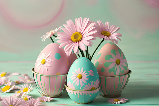 easter eggs and pink flawer  in the basket . vintage style, Ai Generated illustration