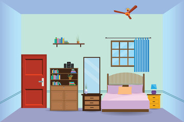 Bedroom interior room furniture vector illustration.