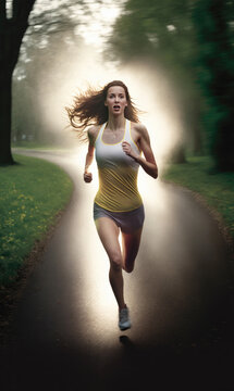 Woman is jogging in a verdant park wearing sportswear. Her hair is tied back and she appears to be sweating.