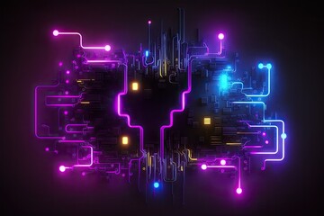 techno abstract neon background neon lighting circuit. cyborg blocks network of blockchain data. Generative AI