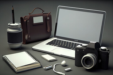 Obraz na płótnie Canvas Office desktop with laptop and a photo camera. Generative Ai