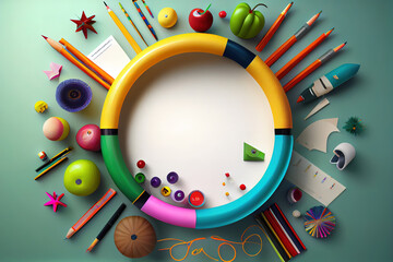 School supplies in a circle on blue background. Generative Ai