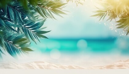 Fototapeta na wymiar The defocused background showcases the tropical environment with palm trees, blue skies, and a serene ocean. Abstract background with bokeh and copy space for a perfect holiday banner. Generative AI