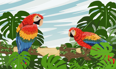 A pair of brightly colored scarlet macaw parrots sits on branches of a tropical tree with moss and large leaves. South America and Africa. Realistic vector landscape