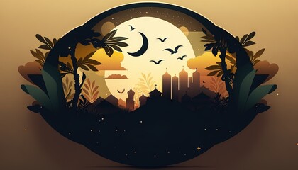 Ramadan's celebration flat style background with Mosque and crescent moon with copy space for text at night generative ai