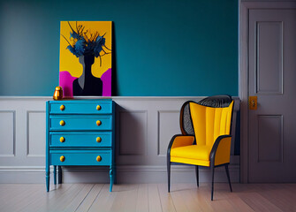 Waiting room with colorful furniture and artistic paintings