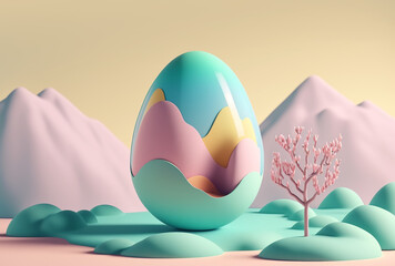 Easter landscape with egg, Generative AI