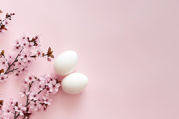 Easter background. Easter eggs with cherry blossoms on pink background. tender spring template with space for text. Greeting card or banner.