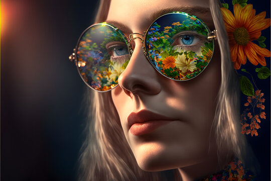 Happy hippie girl with a reflection of flowers in her sunglasses created with generative AI technology