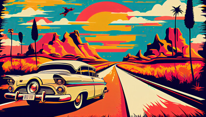travel concept, colorful retro style graphics, ad, journey, car under palms