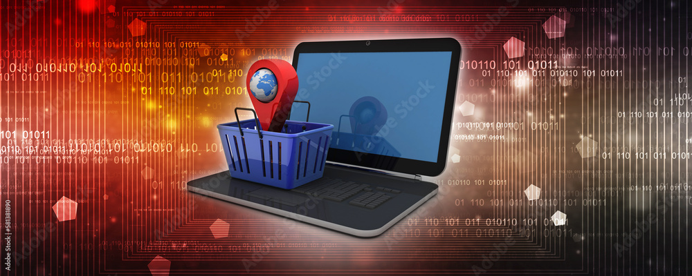 Poster 3d rendering red map pointer in basket on laptop