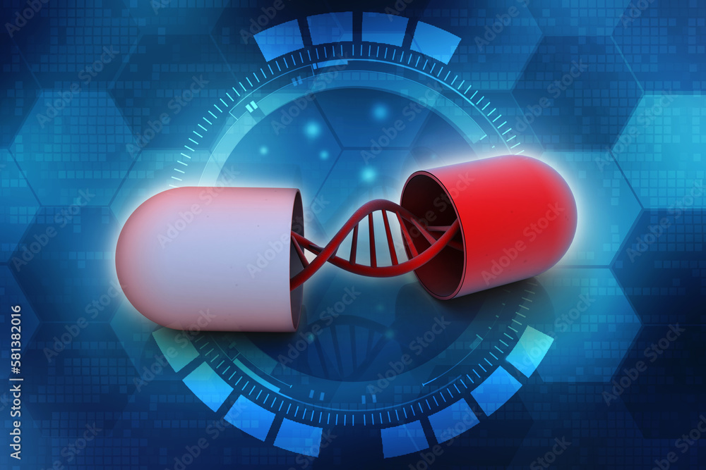 Poster 3d render of dna structure with capsule