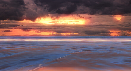 Fototapeta na wymiar 南国リゾート　細かい雲の黄昏時、夕焼けの空と反射して写る海の波と水平線の背景