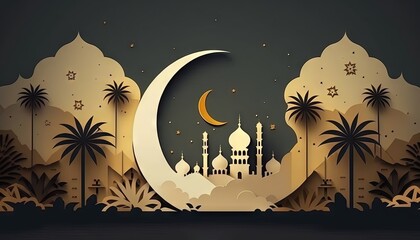 Ramadan's celebration flat style background with Mosque and crescent moon with copy space for text at night generative ai