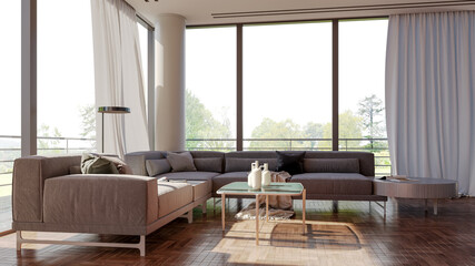 Fototapeta na wymiar Large luxury modern bright interiors Living room mockup illustration 3D rendering computer digitally generated image