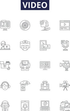 Video line vector icons and signs. Streaming, Clips, Motion, Recording, Surfing, Animation, Viewing, Vlogs outline vector illustration set