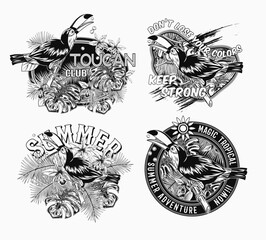 Set of monochrome labels with toucan bird, tropical foliage, orchid, text on white background. Holiday summer theme. Detailed illustration for prints, clothing, t shirt design