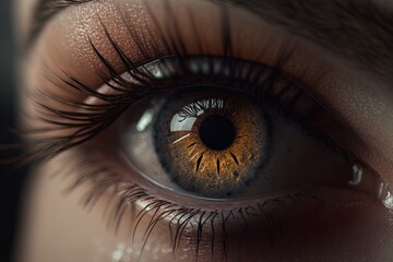 Naklejka premium a close up of a woman's brown eye in isolation, showing long lashes and little makeup. Generative AI