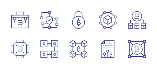 Blockchain line icon set. Editable stroke. Vector illustration. Containing bitcoin, cryptocurrency, blockchain, smart contracts.