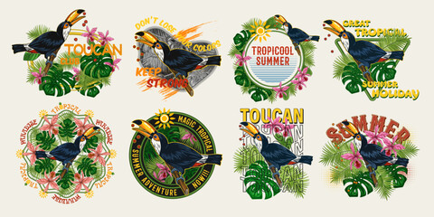 Set of labels with toucan bird, tropical foliage, orchid, text on white background. Holiday summer theme. Detailed illustration for prints, clothing, t shirt design © OA_Creation