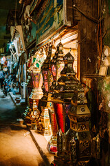 Decorative lamps in Alley in Khan el-Khalili in Cairo Egypt