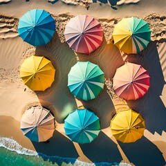 Beach umbrellas from above. Generative AI.