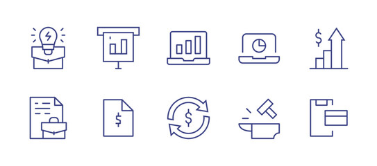 Business line icon set. Editable stroke. Vector illustration. Containing business idea, screening, bar chart, laptop, profits, business, document, money transfer, hammer, online payment.