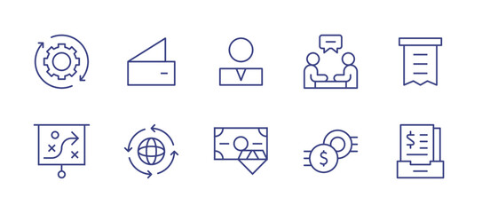 Business line icon set. Editable stroke. Vector illustration. Containing update, wallet, user employee, interview, receipt, strategy, process, rich, business, archive.