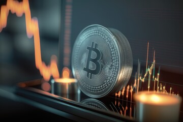 Silver Bitcoin cryptocurrency with a digital backdrop and a candlestick graph chart. Generative AI