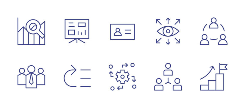 Business line icon set. Editable stroke. Vector illustration. Containing analytics, data analysis, business card, shared vision, people, leader, high priority, impact, coordination, goal.