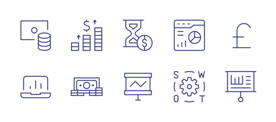 Business line icon set. Editable stroke. Vector illustration. Containing money coins, salary, time is money, pie chart, currency pound, laptop, target, presentation, swot analysis.