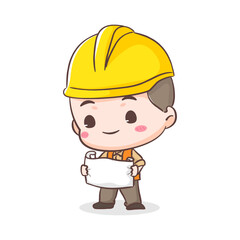 Cute Contractor or architecture Cartoon Character reading work plan. People Building Icon Concept design. Isolated Flat Cartoon Style. Vector art illustration