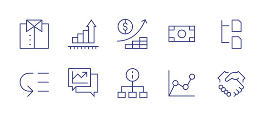 Business line icon set. Editable stroke. Vector illustration. Containing shirt, bar graph, investment, money, layers, low priority, graphs, diagram, line chart, handshake.