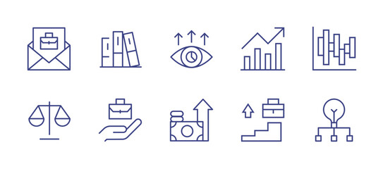 Business line icon set. Editable stroke. Vector illustration. Containing hired, books, visionary, trend, bar chart, scale, work, benefits, career path, project management.