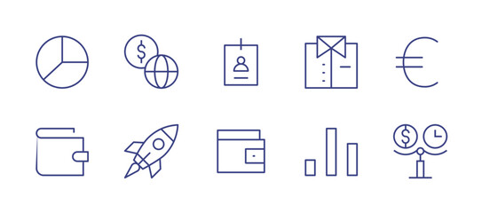 Business line icon set. Editable stroke. Vector illustration. Containing chart pie, economy, business card, businessman, currency euro, wallet, rocket, chart bar, budget.