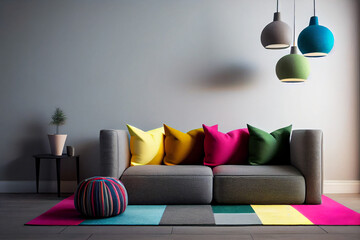 A colorful geometric rug and matching accent pillows add a contemporary twist to a living room