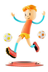 3d boy cartoon character in action. 3d illustrator. sport activity. exercise fitness pose. workout training lifestyle. man player. technology VR connection. gym outdoor. cyberspace object concept.