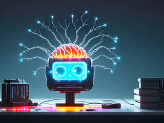 A brain connected with a computer with lights sticking out, generative ai