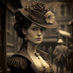 Portrait of elegant victorian young woman in sephia.  Generative AI - obrazy, fototapety, plakaty
