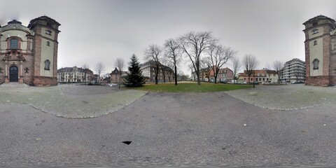 360 Panorama Winter Scene of Saint-Fridolin Church and Jean-Henri Lambert High School in Mulhouse, Captured on a Cloudy Day with an Empty Square in Front of the Architectural Wonders