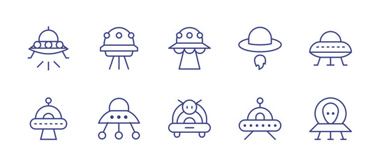 UFO line icon set. Editable stroke. Vector illustration. Containing meteor, star, sky, spaceman, station, comet, spacecraft.