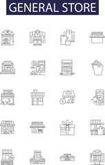 General store line vector icons and signs. Store, Grocery, Retailer, Shop, Storefront, Trading, Marketplace, Outlet outline vector illustration set - obrazy, fototapety, plakaty