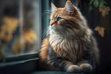 Realistic cat sitting next to window looking outside - Generative AI