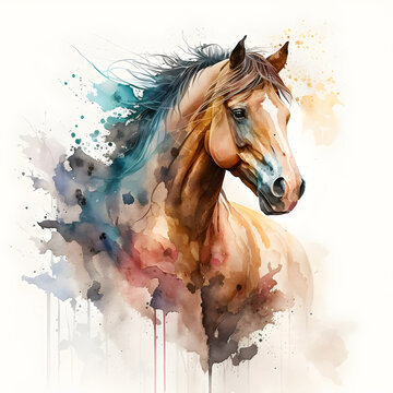 Brown horse in colorful watercolor style illustration - Generative AI