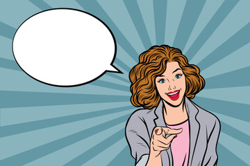 Beautiful sexy girl gaping and pointing finger at you in vintage style Vector illustration.