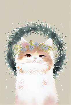  cuttie fluffy kitty with a wreath, watercolor style Generative AI